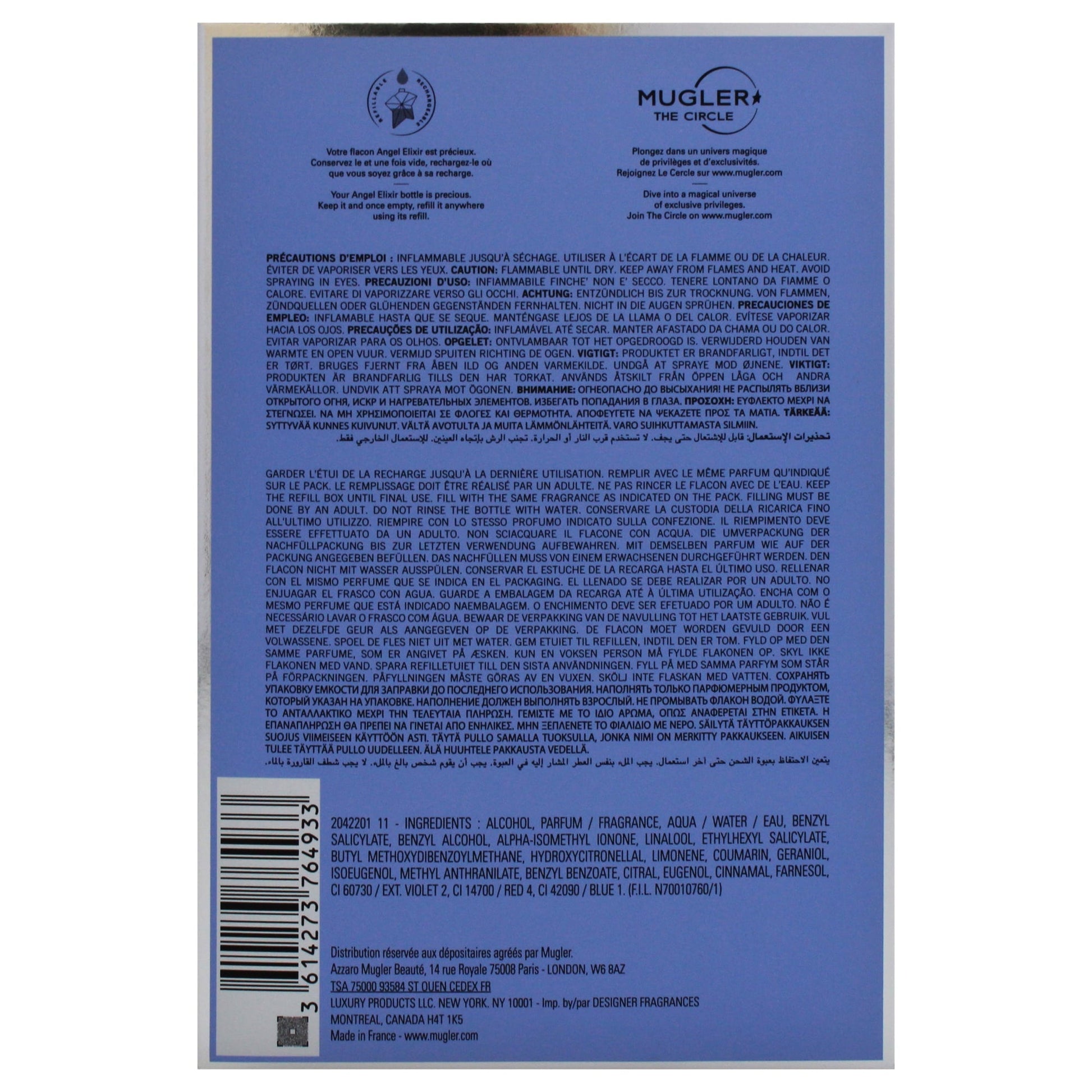 Back label of a product with text and branding on a blue background