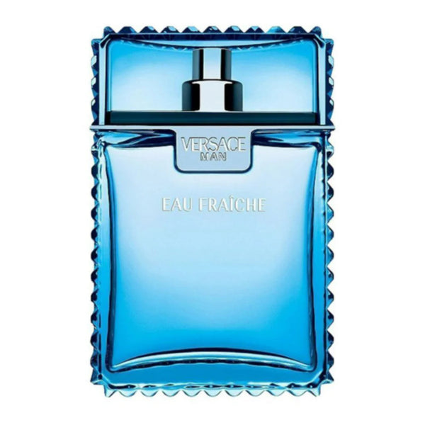 Blue Versace Man Eau Fraçèe perfume bottle on a white background