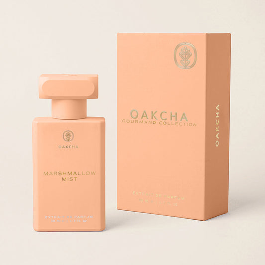 Oakcha Marshmallow Mist perfume bottle and packaging on a light beige background